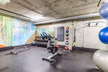 a home gym with weights and cardio equipment on the floor and a large window